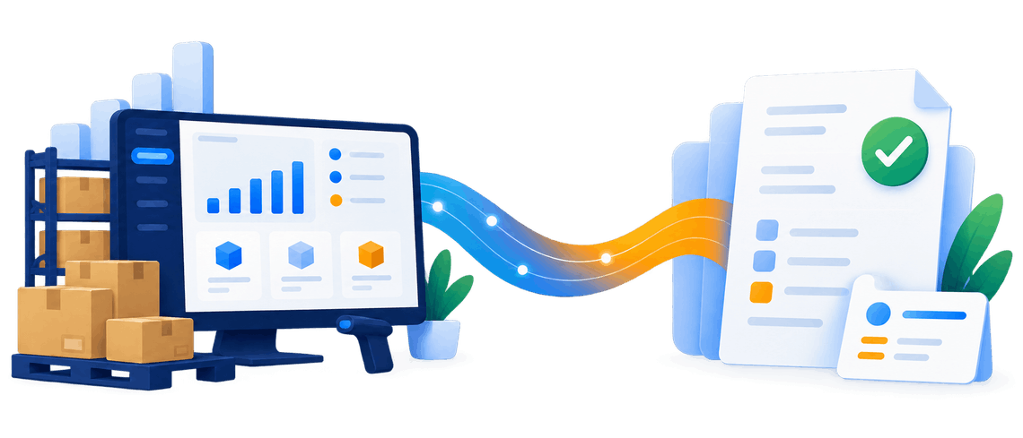 Ilustração de gestão empresarial conectada a recebimentos digitais por um fluxo de dados